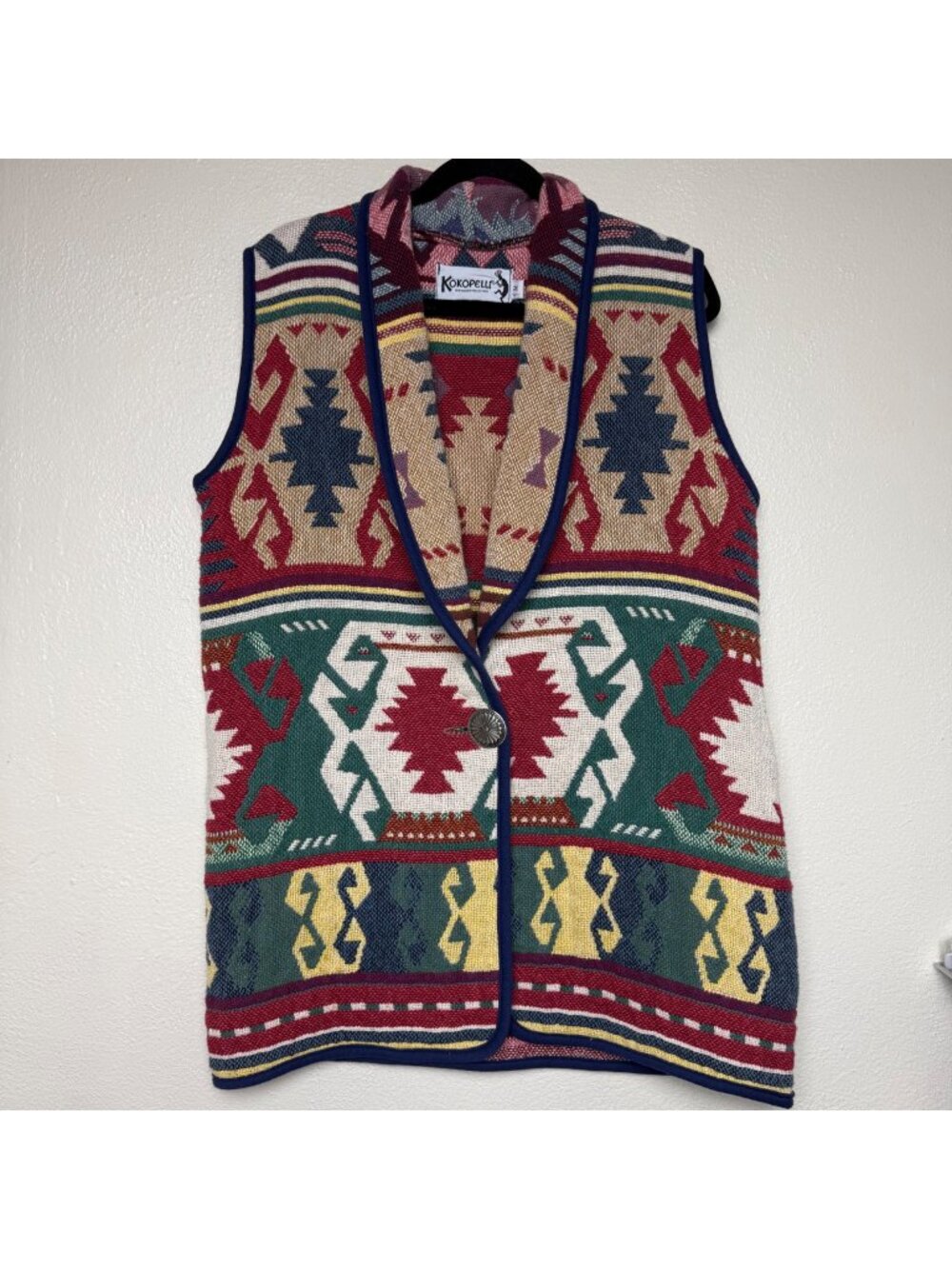Kokopelli Southwestern Knit Vest With Button Front - M - Multicolor Geometric De